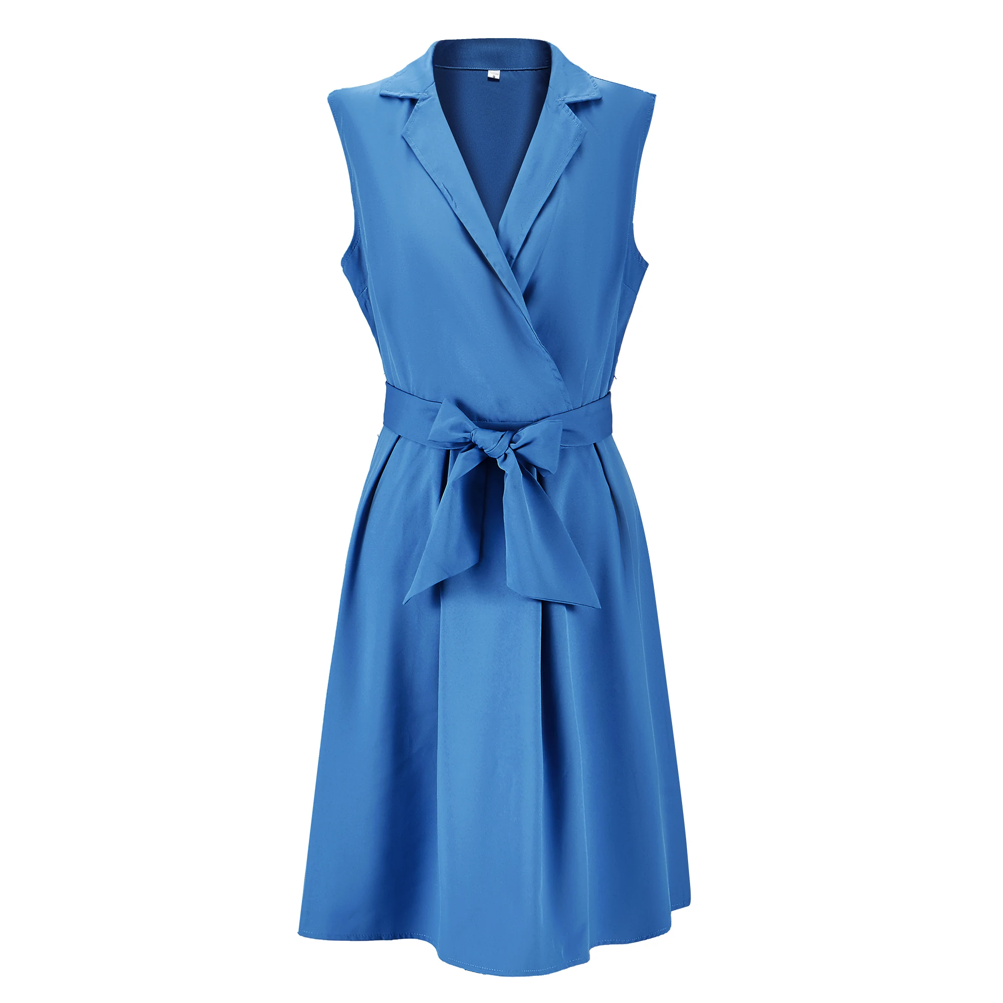 Women Dresses Sleeveless Notched Solid Navy Blue With Bow Sashes Summer A-line Beach Office Dress 2025 burgundy Party Vestidos - Image 4