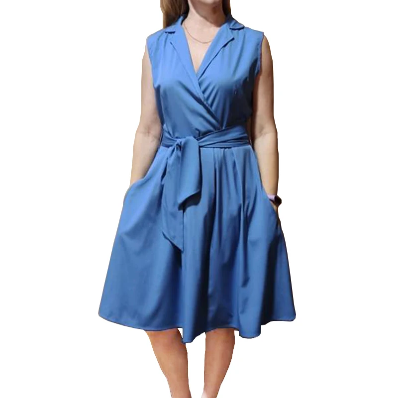 Women Dresses Sleeveless Notched Solid Navy Blue With Bow Sashes Summer A-line Beach Office Dress 2025 burgundy Party Vestidos - Image 6