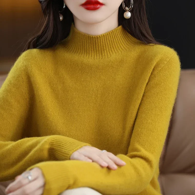 Autumn Winter Women Sweater Korean Fashion Warm Bottoming Shirts Half High Collar Basic Knitwear Solid Long Sleeve Pullovers - Image 3